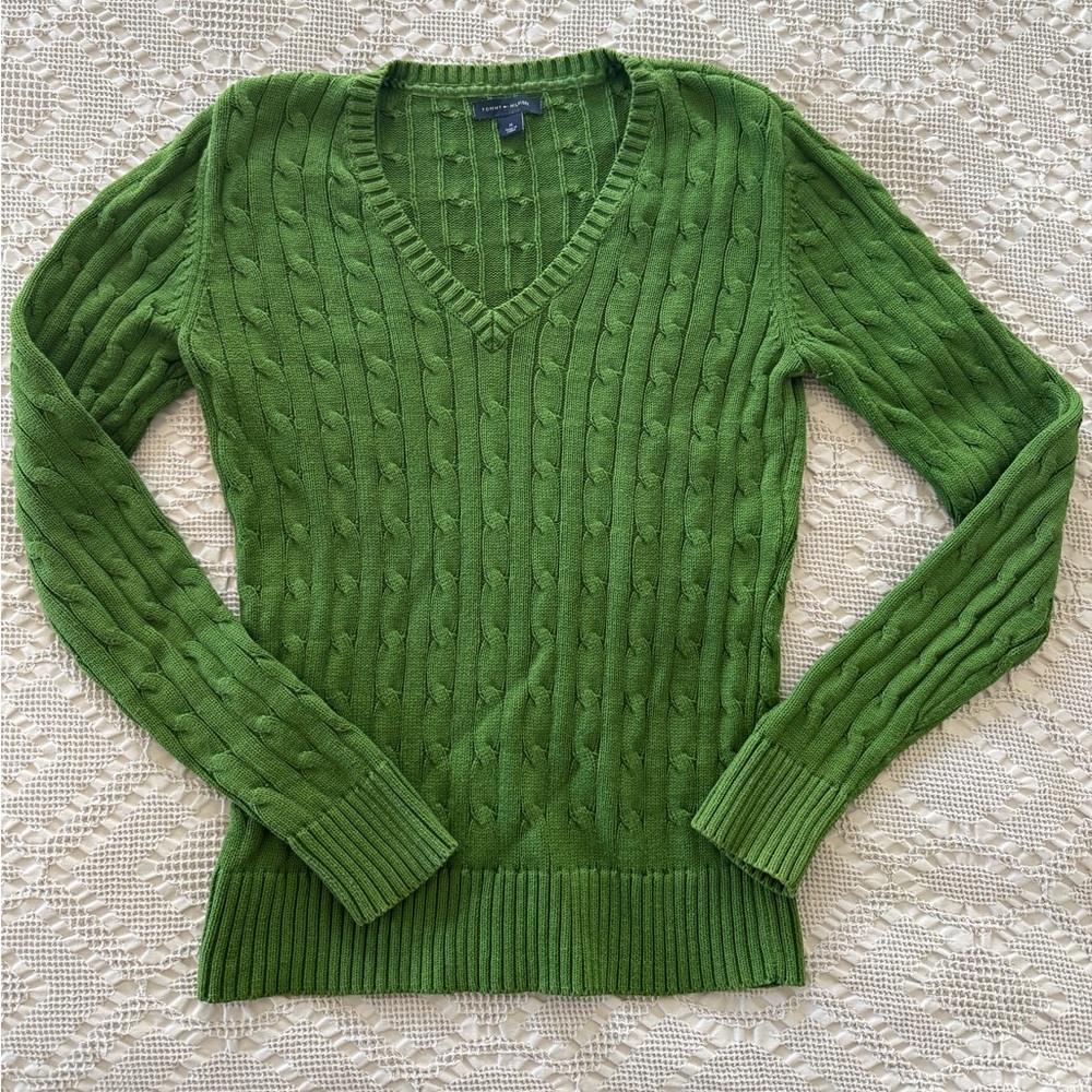 Tommy Hilfiger Green V-Neck Cable Knit Sweater